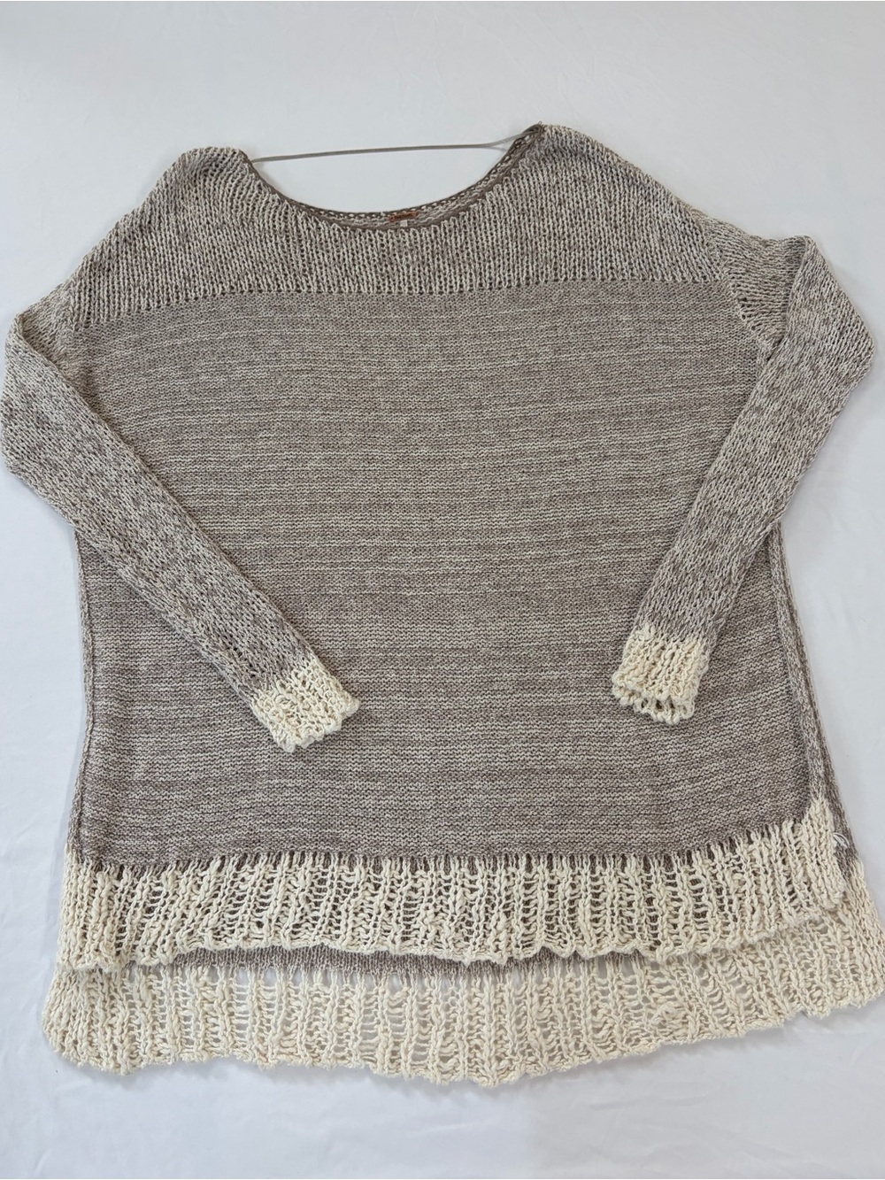 Free People Women’s Neutral Knit Oversized Sweater with Cream Trim Small